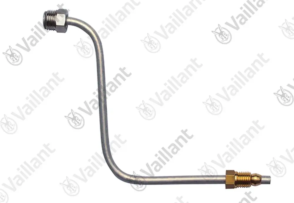 Vaillant Zündgasrohr mit gewinkelter Form, befestigt mit Anschlussgewinden an beiden Enden, für den Einsatz in Heizsystemen.